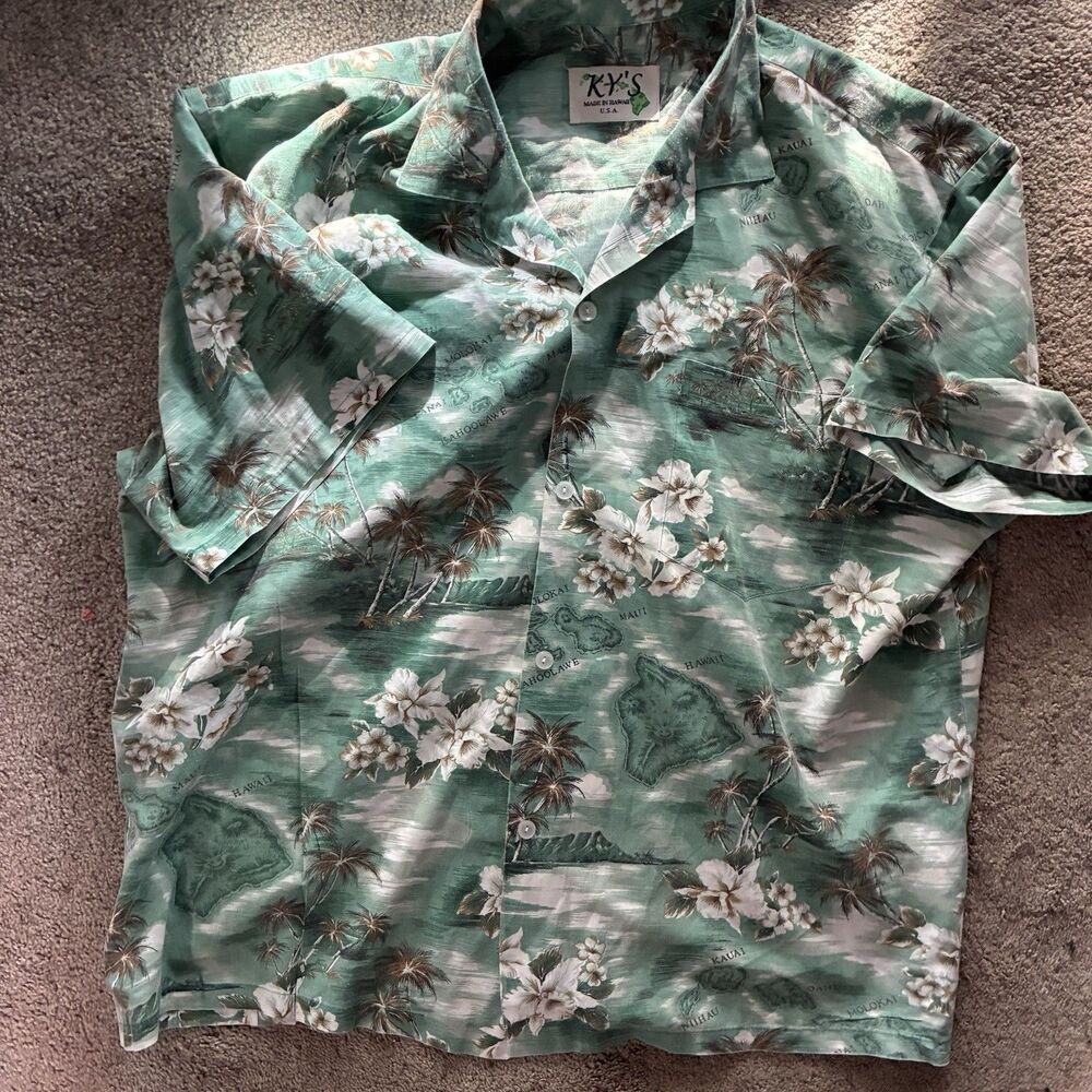 Vintage KY’S Hawaiian Shirt Made in Hawaii USA Green Island Map Floral Mens XL